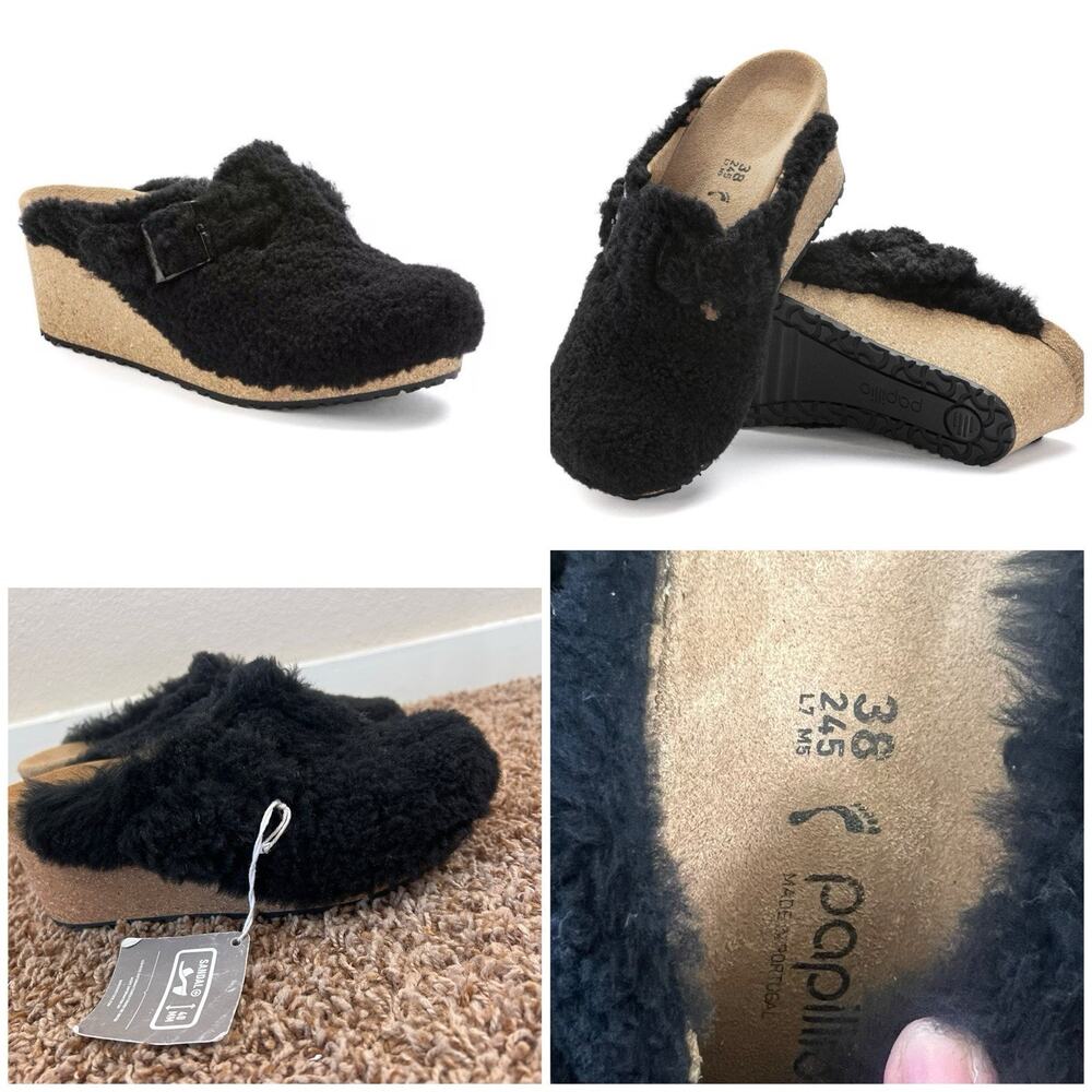 Birkenstock Papillion Black Shearling Cork Wedge Clog Mule EU 38 US 7 Wm’s NWT - Picture 6 of 12